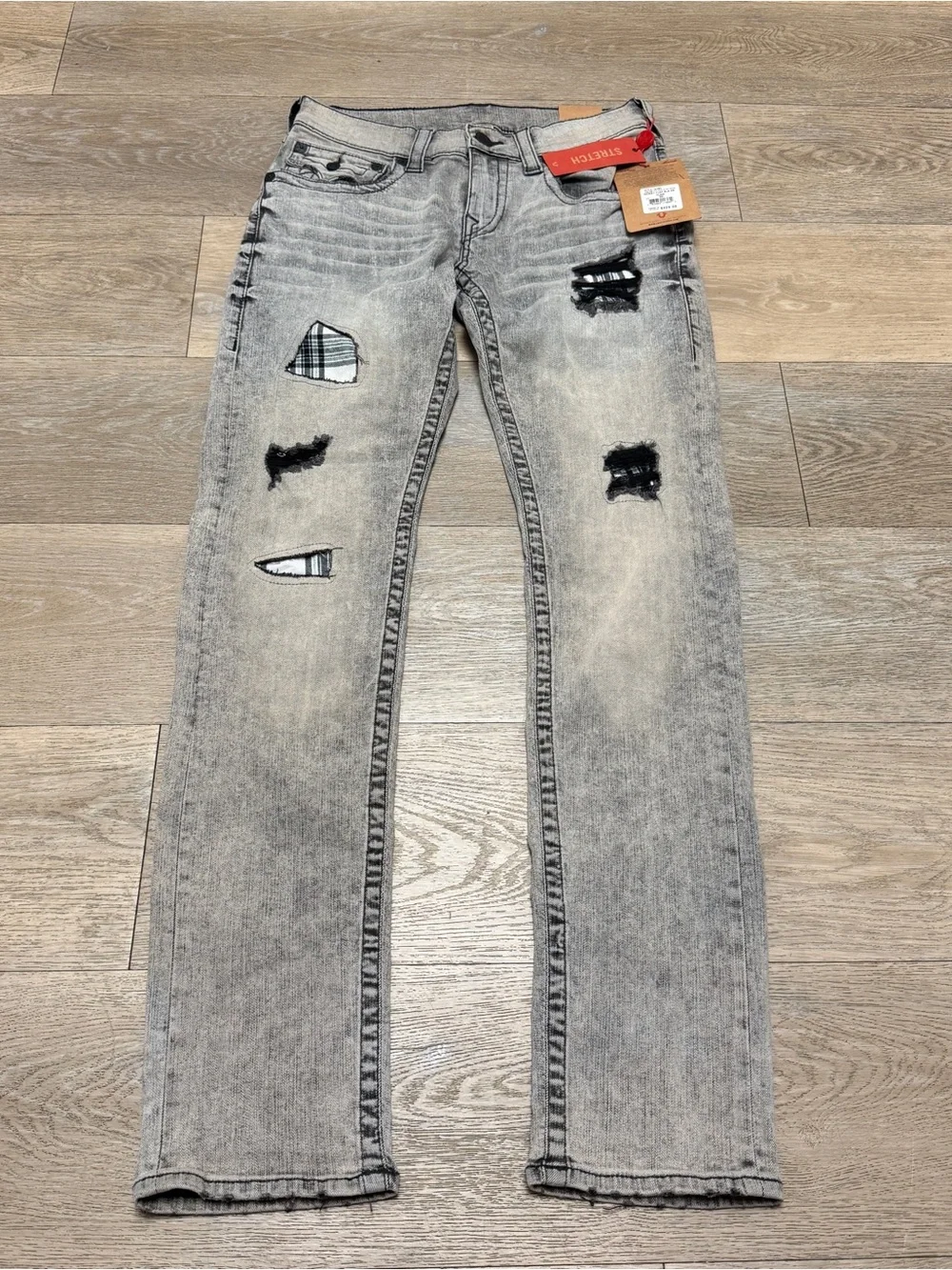 True Religion Mens Jeans Skinny Flap Pathway Gray Black Plaid Size 30 NWT 229$